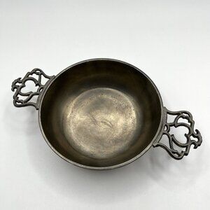 Vintage Pewter Porringer Bowl with Ornate Handles Colonial Revival Christening